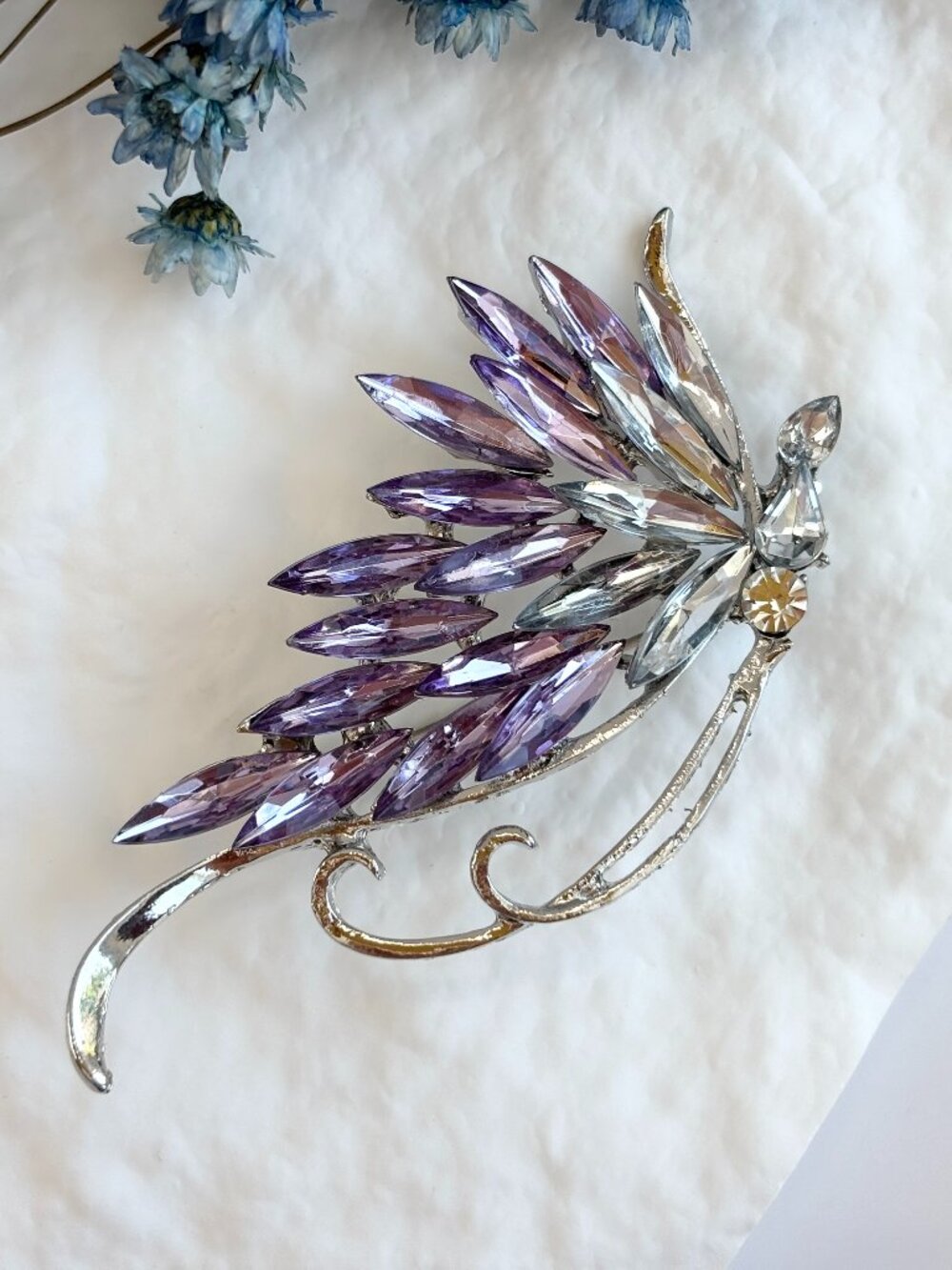 Winged Butterfly Gradient Lavender Rhinestoned Silver Toned Brooch Pin